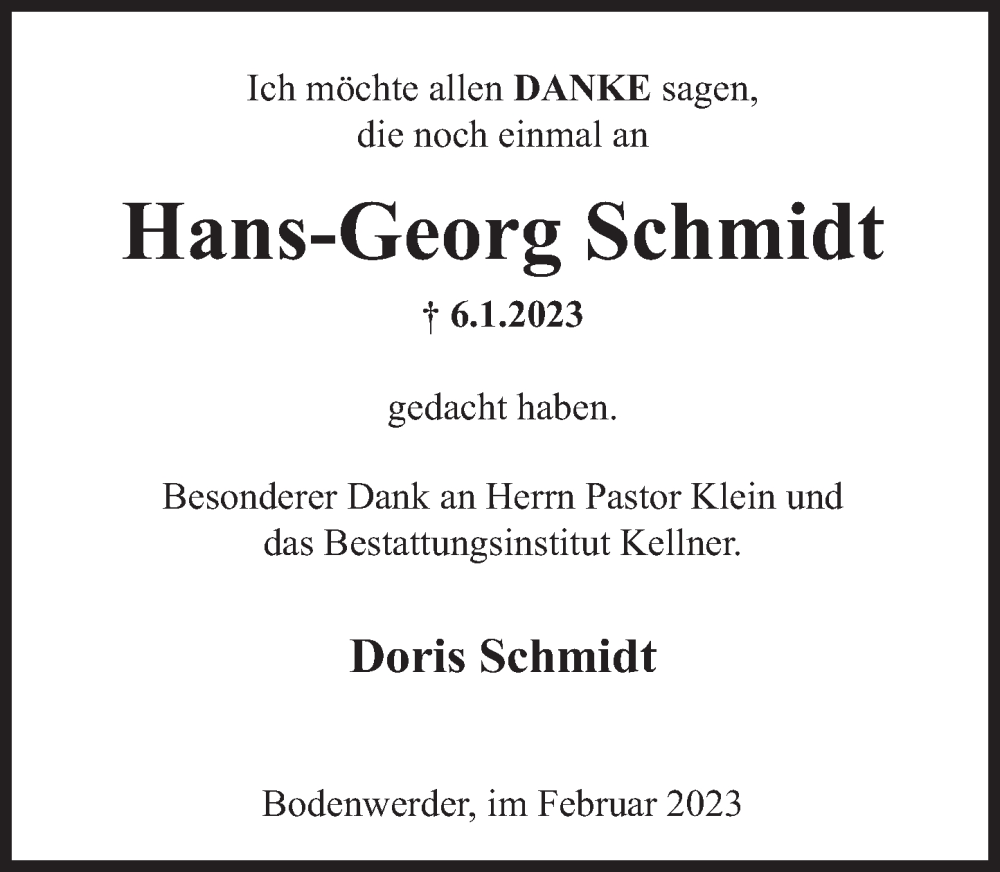  Traueranzeige für Hans-Georg Schmidt vom 10.02.2023 aus Deister- und Weserzeitung