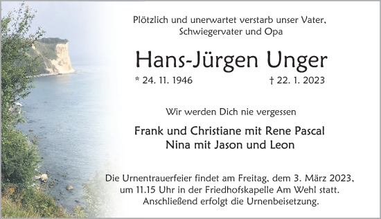Traueranzeige von Hans-Jürgen Unger von Deister- und Weserzeitung