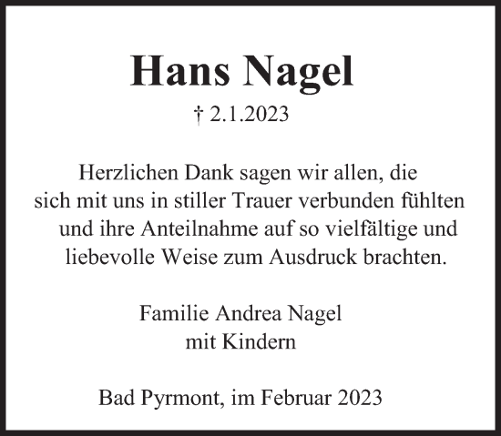 Traueranzeige von Hans Nagel von Deister- und Weserzeitung