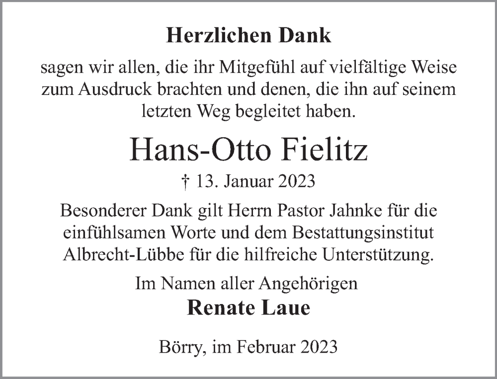  Traueranzeige für Hans-Otto Fielitz vom 18.02.2023 aus Deister- und Weserzeitung