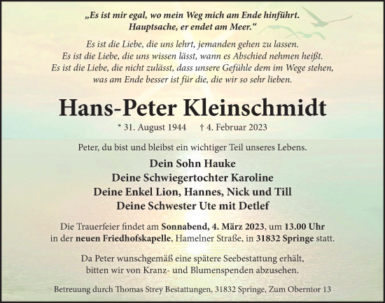 Traueranzeige von Hans-Peter Kleinschmidt von Deister- und Weserzeitung