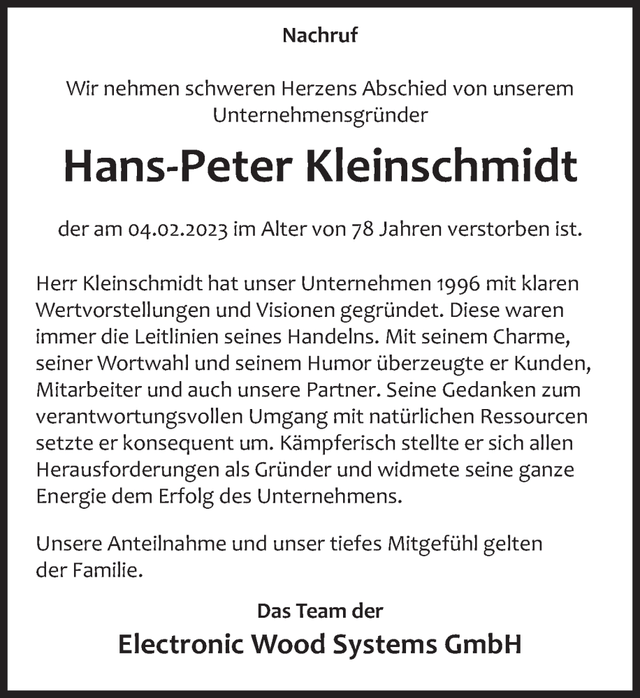  Traueranzeige für Hans-Peter Kleinschmidt vom 25.02.2023 aus Deister- und Weserzeitung