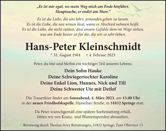 Traueranzeige von Hans-Peter Kleinschmidt von Neue Deister-Zeitung