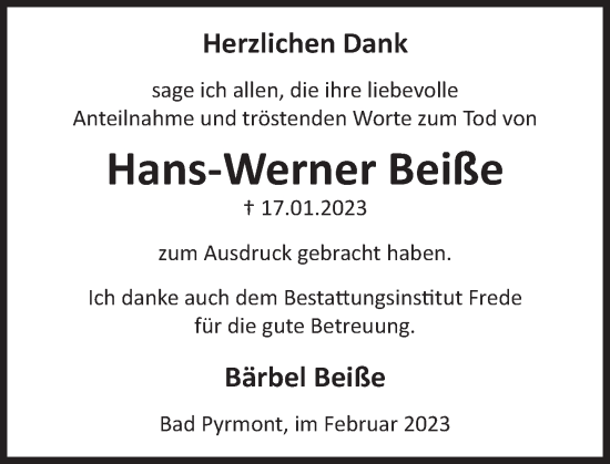 Traueranzeige von Hans-Werner Beiße von Deister- und Weserzeitung