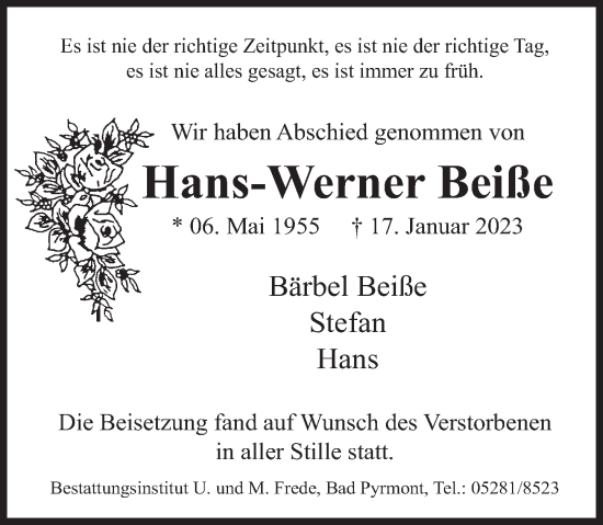 Traueranzeige von Hans-Werner Beiße von Deister- und Weserzeitung