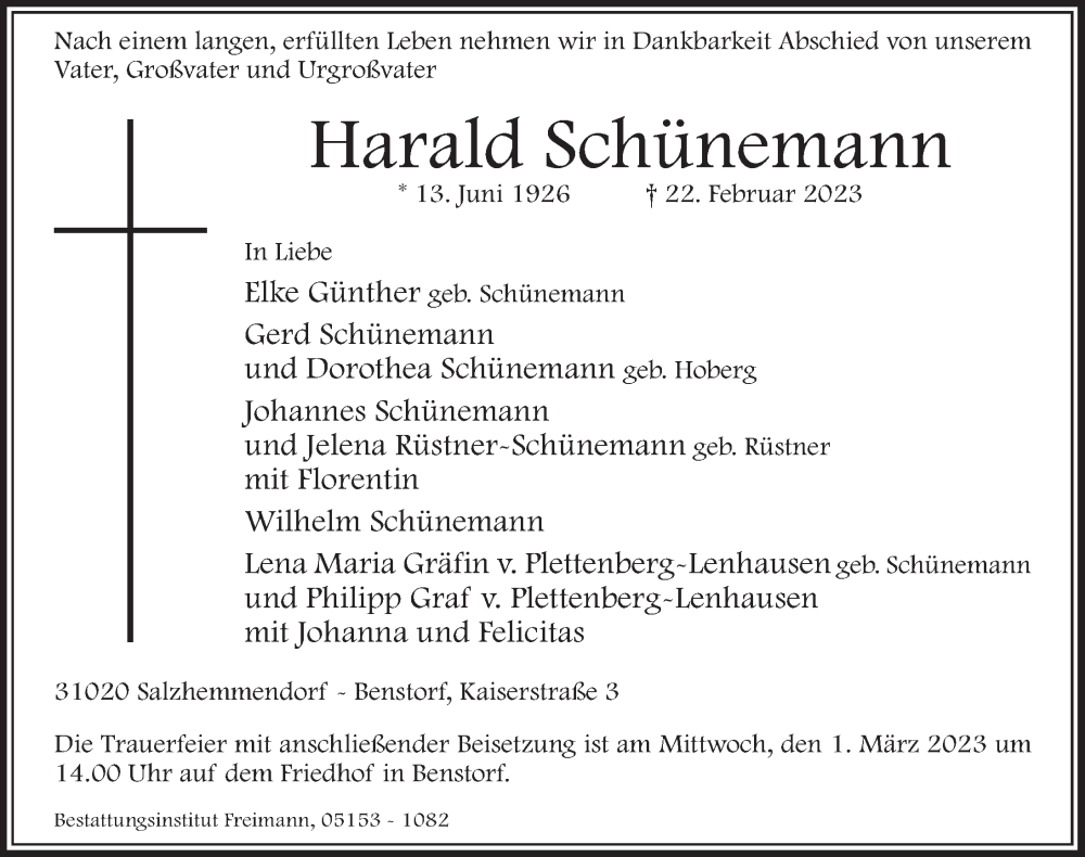  Traueranzeige für Harald Schünemann vom 25.02.2023 aus Deister- und Weserzeitung