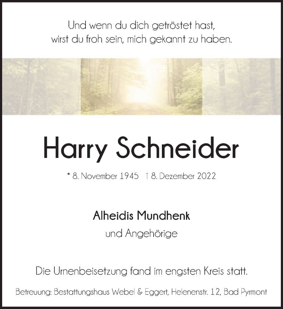  Traueranzeige für Harry Schneider vom 11.02.2023 aus Deister- und Weserzeitung