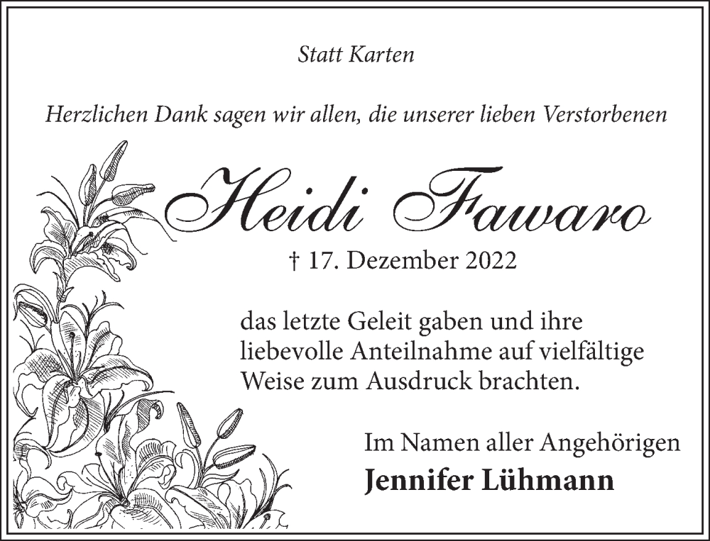  Traueranzeige für Heidi Fawaro vom 18.02.2023 aus Neue Deister-Zeitung