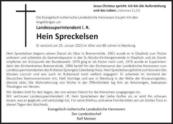 Traueranzeige von Hein Spreckelsen von Deister- und Weserzeitung