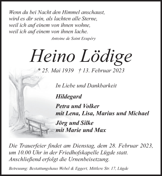 Traueranzeige von Heino Lödige von Deister- und Weserzeitung