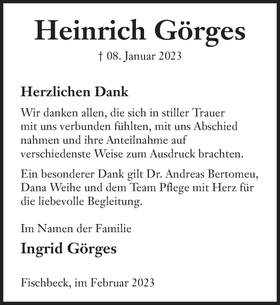 Traueranzeige von Heinrich Görges von Deister- und Weserzeitung