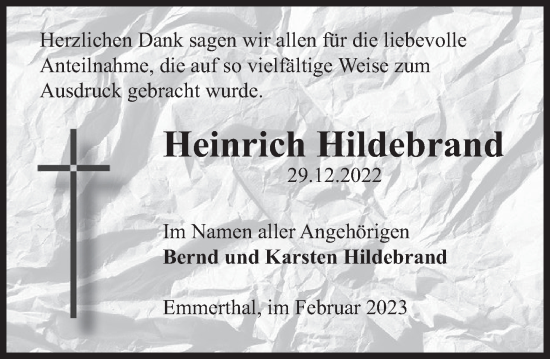 Traueranzeige von Heinrich Hildebrand von Deister- und Weserzeitung