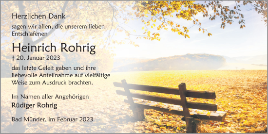 Traueranzeige von Heinrich Rohrig von Neue Deister-Zeitung