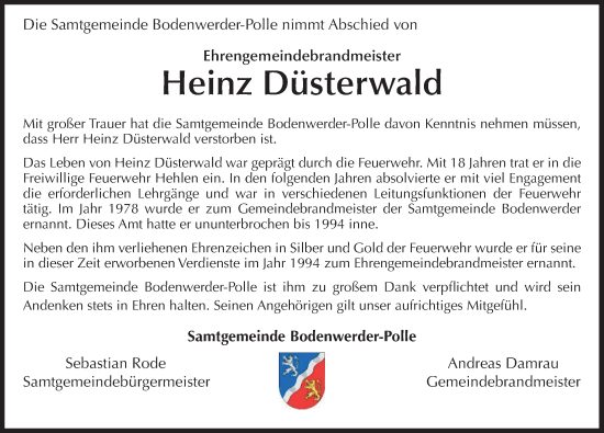 Traueranzeige von Heinz Düsterwald von Deister- und Weserzeitung