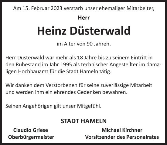 Traueranzeige von Heinz Düsterwald von Deister- und Weserzeitung