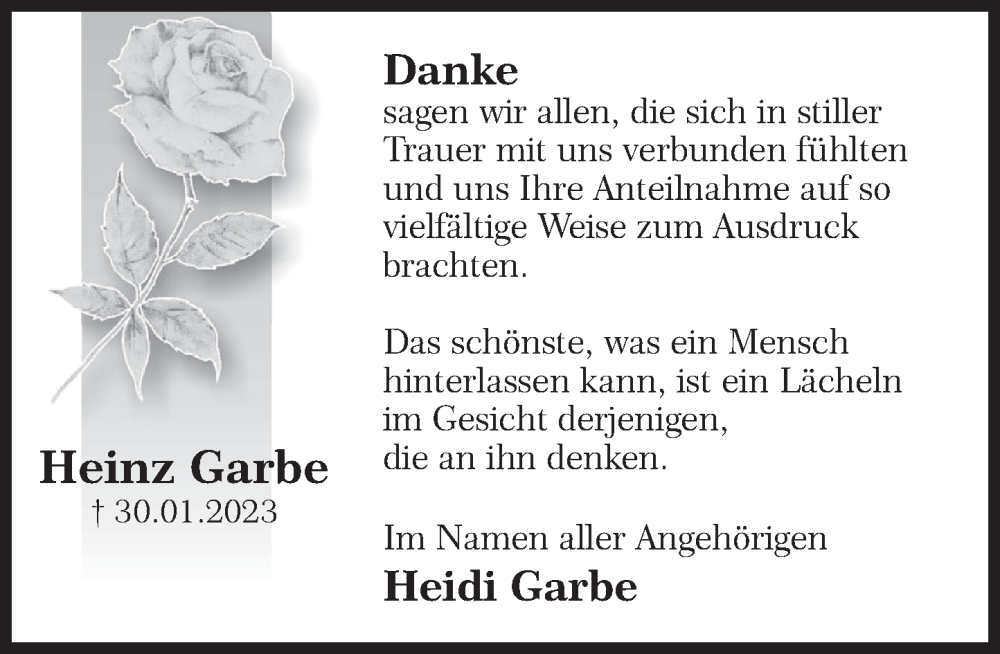  Traueranzeige für Heinz Garbe vom 04.03.2023 aus Deister- und Weserzeitung