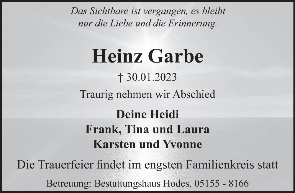  Traueranzeige für Heinz Garbe vom 04.02.2023 aus Deister- und Weserzeitung