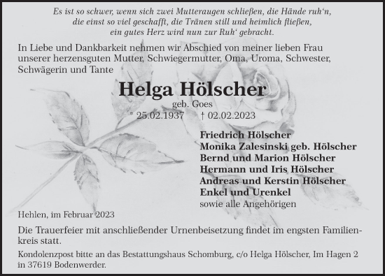 Traueranzeige von Helga Hölscher von Deister- und Weserzeitung