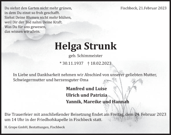Traueranzeige von Helga Strunk von Deister- und Weserzeitung