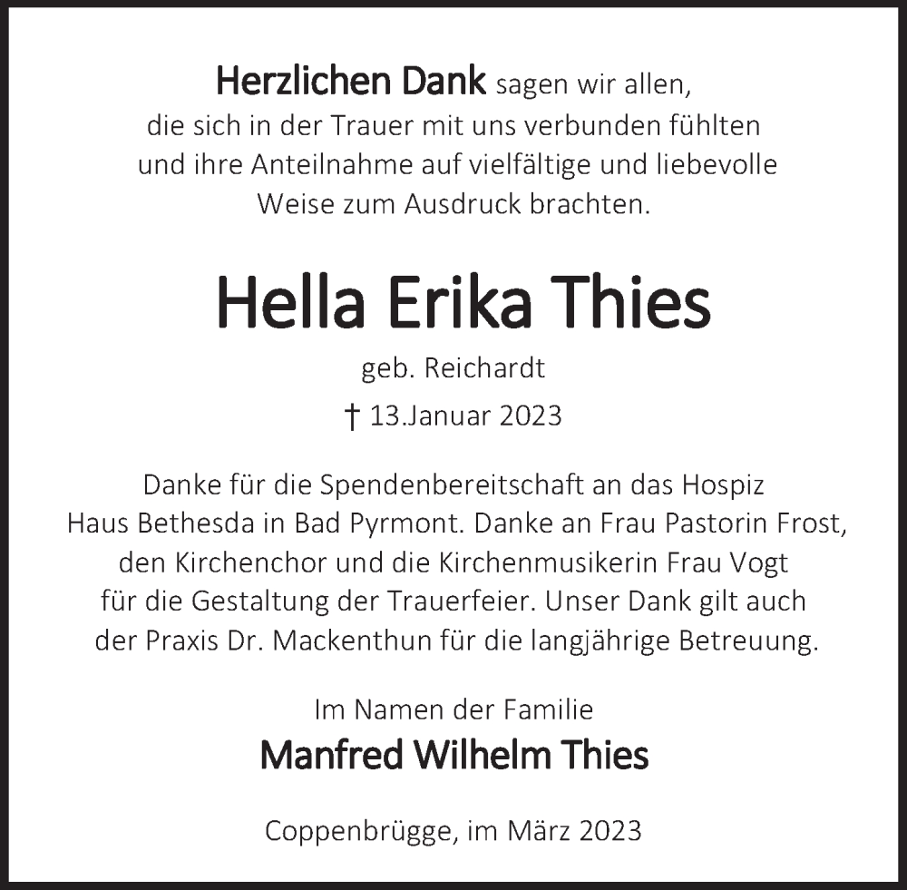  Traueranzeige für Hella Erika Thies vom 04.03.2023 aus Deister- und Weserzeitung