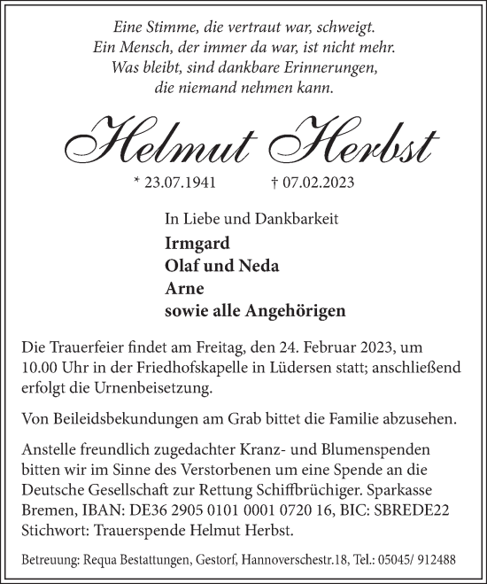 Traueranzeige von Helmut Herbst von Neue Deister-Zeitung