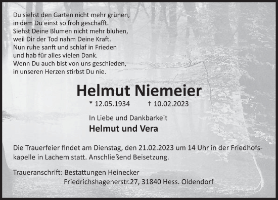 Traueranzeige von Helmut Niemeier von Deister- und Weserzeitung