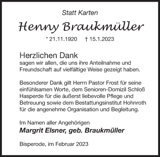 Traueranzeige von Henny Braukmüller von Deister- und Weserzeitung