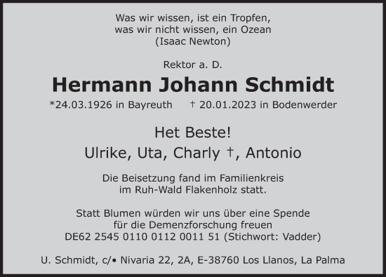 Traueranzeige von Hermann Johann Schmidt von Deister- und Weserzeitung