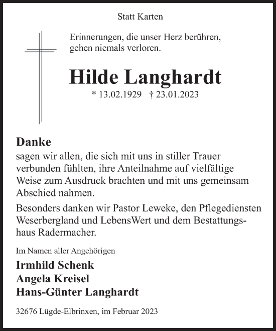 Traueranzeige von Hilde Langhardt von Deister- und Weserzeitung