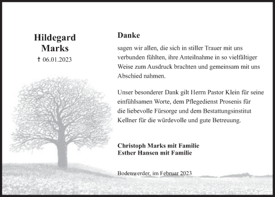 Traueranzeige von Hildegard Marks von Deister- und Weserzeitung