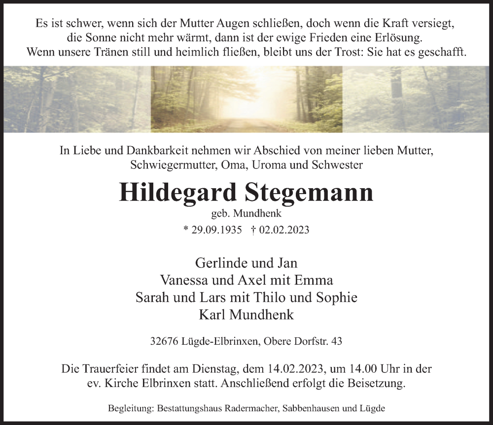  Traueranzeige für Hildegard Stegemann vom 09.02.2023 aus Deister- und Weserzeitung