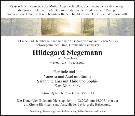Traueranzeige von Hildegard Stegemann von Deister- und Weserzeitung