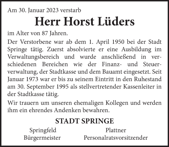 Traueranzeige von Horst Lüders von Neue Deister-Zeitung