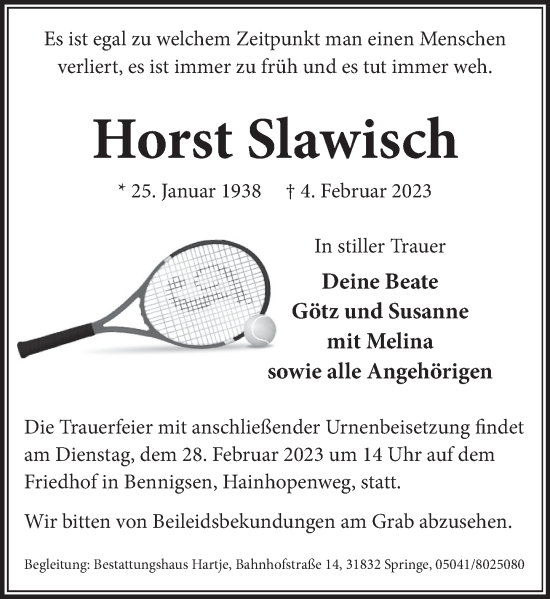 Traueranzeige von Horst Slawisch von Neue Deister-Zeitung