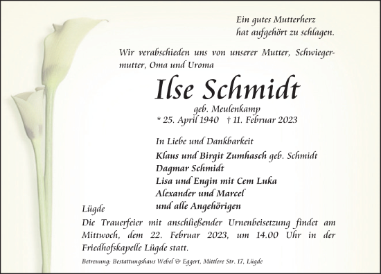 Traueranzeige von Ilse Schmidt von Deister- und Weserzeitung