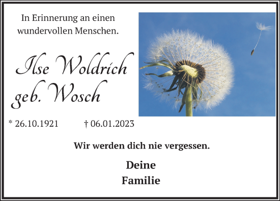 Traueranzeige von Ilse Woldrich von Neue Deister-Zeitung