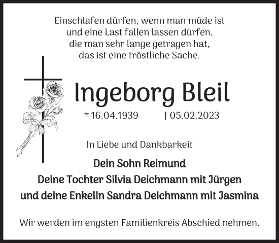 Traueranzeige von Ingeborg Bleil von Deister- und Weserzeitung