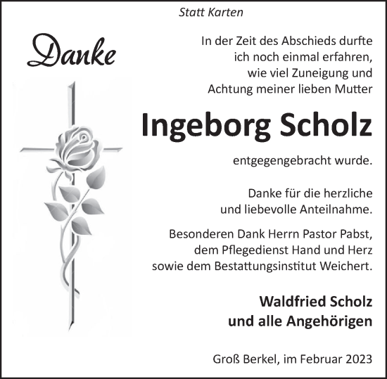 Traueranzeige von Ingeborg Scholz von Deister- und Weserzeitung