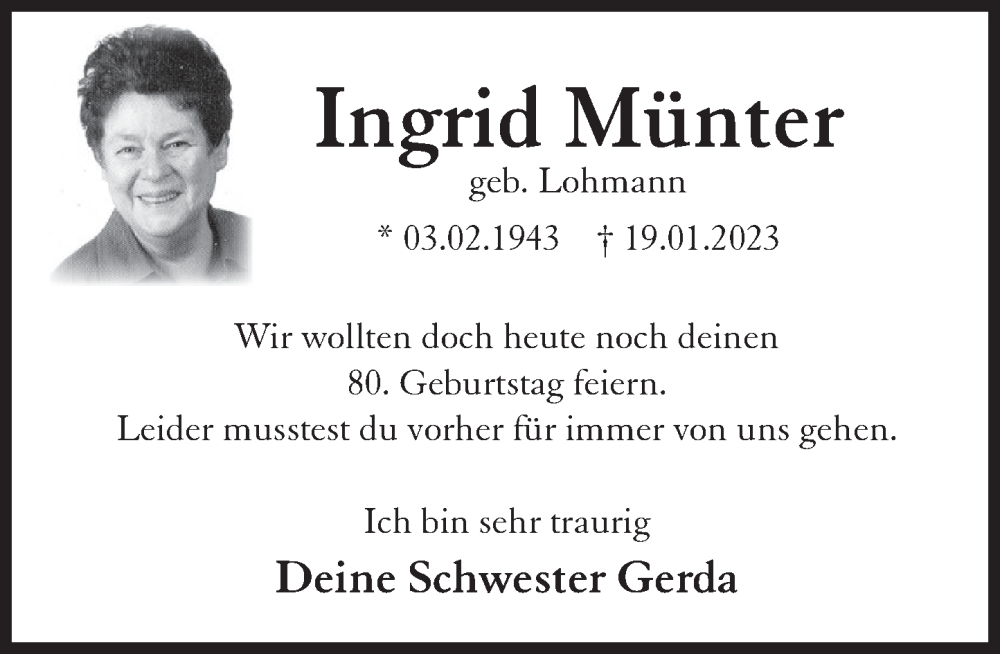  Traueranzeige für Ingrid Münter vom 03.02.2023 aus Deister- und Weserzeitung