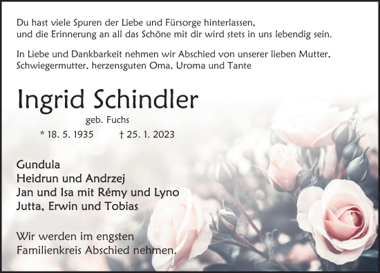 Traueranzeige von Ingrid Schindler von Deister- und Weserzeitung