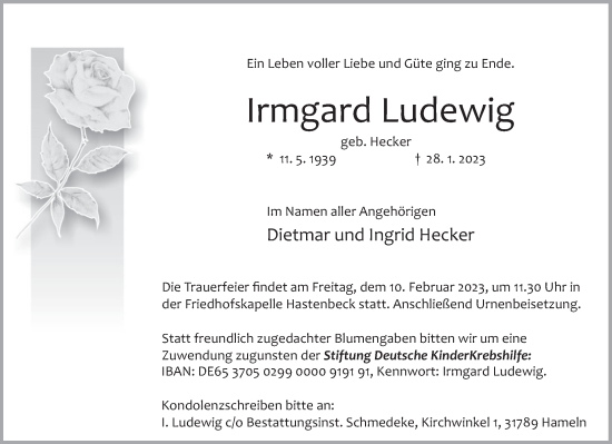 Traueranzeige von Irmgard Ludewig von Deister- und Weserzeitung