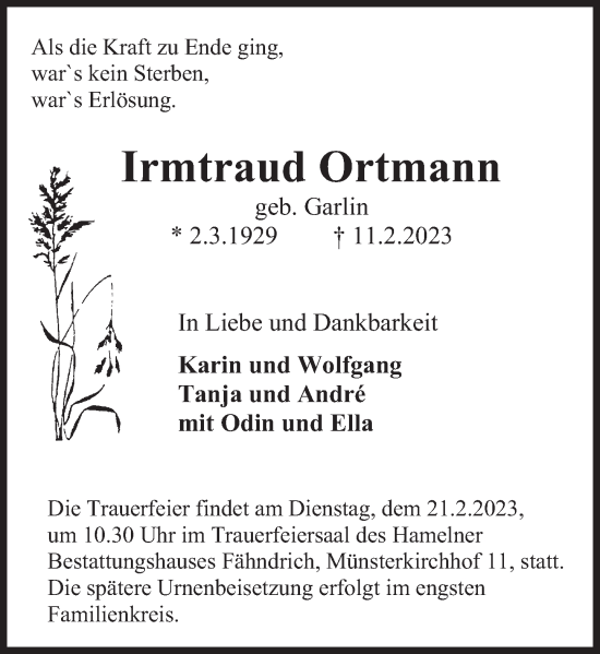 Traueranzeige von Irmtraud Ortmann von Deister- und Weserzeitung