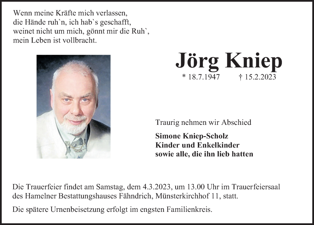  Traueranzeige für Jörg Kniep vom 25.02.2023 aus Deister- und Weserzeitung