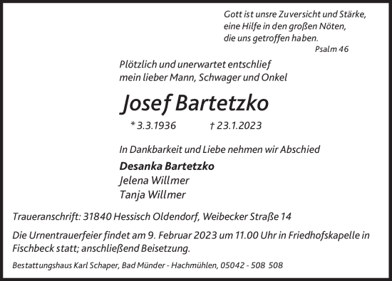 Traueranzeige von Josef Bartetzko von Deister- und Weserzeitung