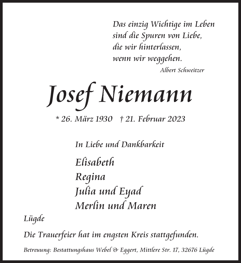  Traueranzeige für Josef Niemann vom 04.03.2023 aus Deister- und Weserzeitung