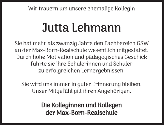 Traueranzeige von Jutta Lehmann von Deister- und Weserzeitung
