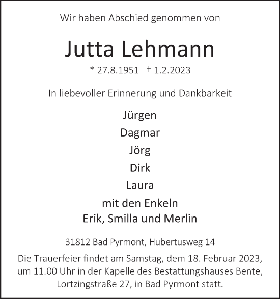 Traueranzeige von Jutta Lehmann von Deister- und Weserzeitung
