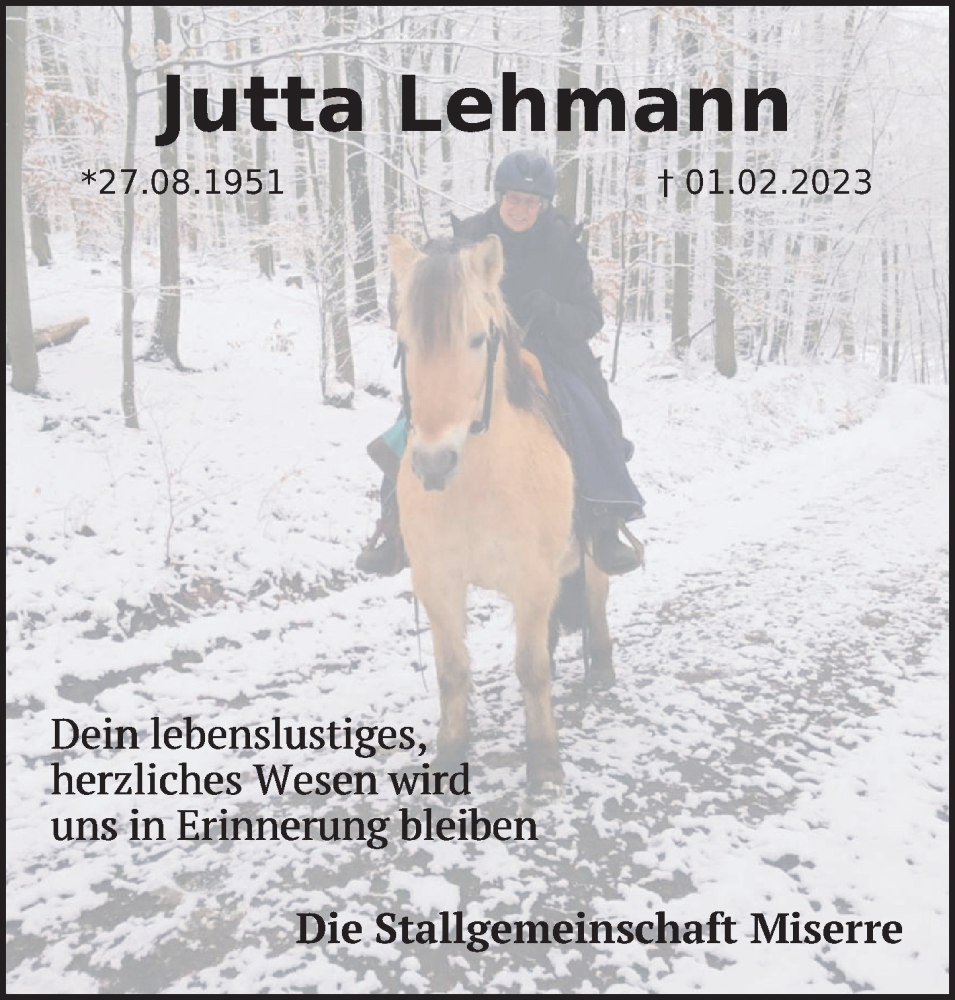  Traueranzeige für Jutta Lehmann vom 18.02.2023 aus Deister- und Weserzeitung
