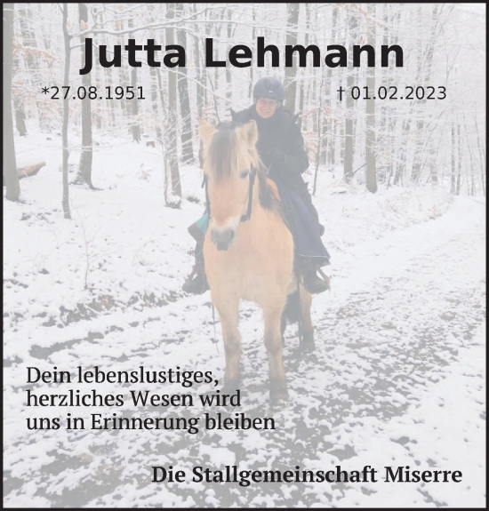 Traueranzeige von Jutta Lehmann von Deister- und Weserzeitung