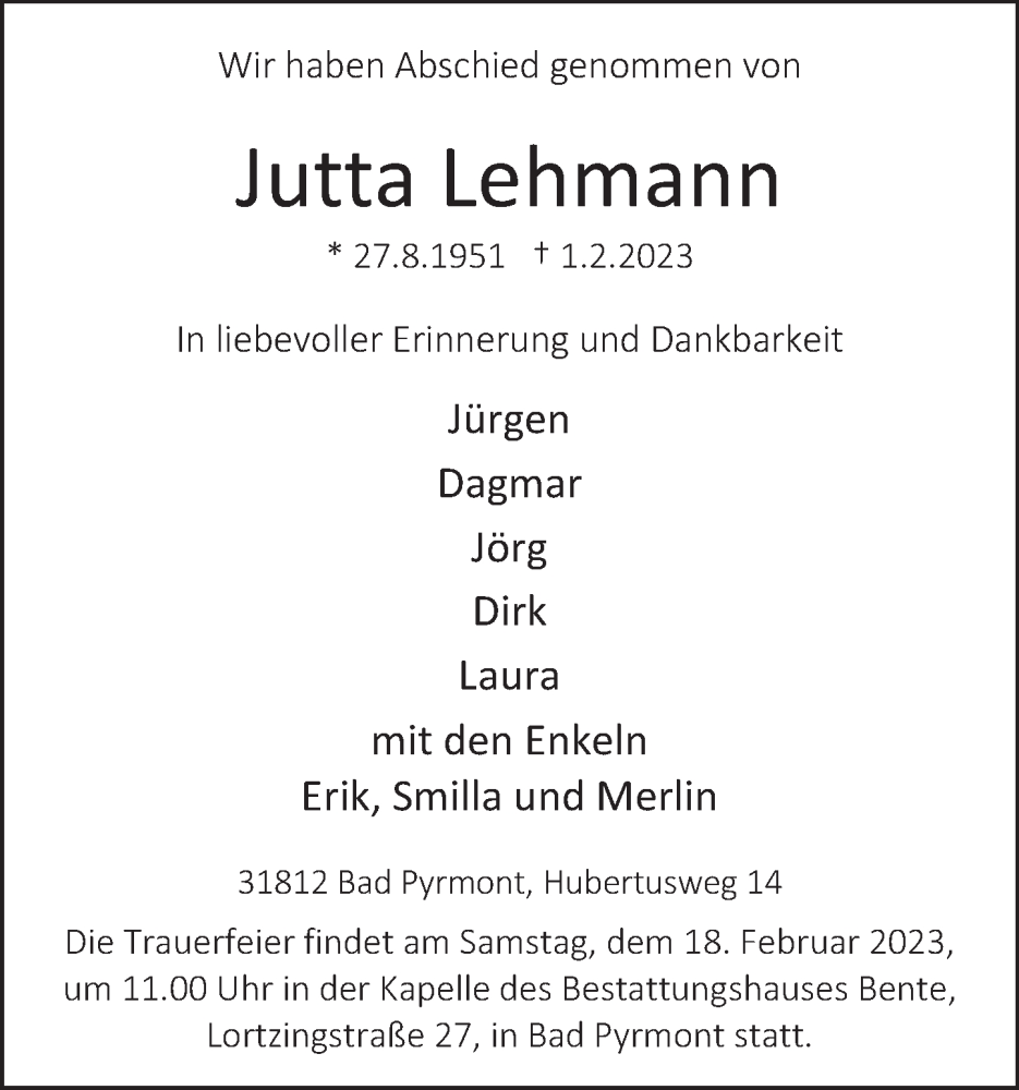  Traueranzeige für Jutta Lehmann vom 10.02.2023 aus Deister- und Weserzeitung